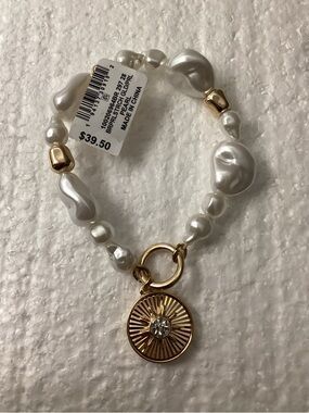 On 34th White Pearl Bead Stretch Bracelet with Gold Sunburst Charm